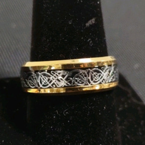 Gold Toned Men's Viking/ Nordic Silver/ Black Wedding Band