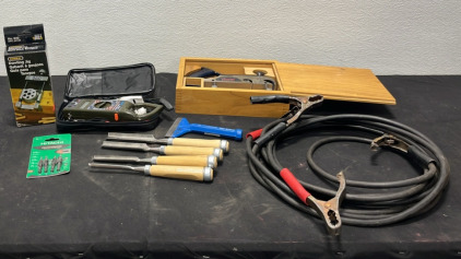 (1) Clamp Meter (1) Dowling Jig (1) 5pc Hitatchi Quick Change Countersinks (4) pc Chisel Set (1) Scraper (1) Anant Rebate Plane (1) Set of Jumper Cables