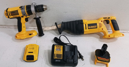 (5) DeWALT Cordless Tools & Accessories - (1) DC988 Drill (1) DC385 Reciprocating Saw (1) Battery (1) Charger Adapter (1) DCB115 Charging Bay - Powers On & Functional!