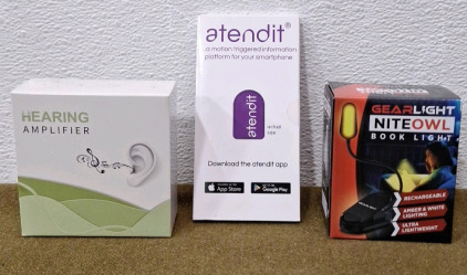 (1) Pair Of USB Rechargeable Wireless Bluetooth Headphones (1) Attendit, Personal Reminder Sensor, (1) Gear Light, Night Owl LED Book Light
