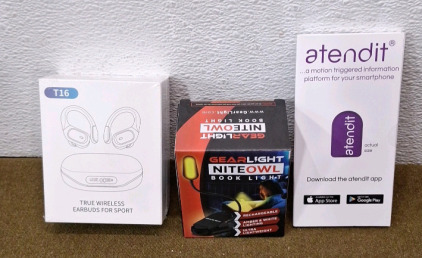 (1) Pair Of USB Rechargeable Wireless Bluetooth Headphones (1) Attendit, Personal Reminder Sensor, (1) Gear Light, Night Owl LED Book Light