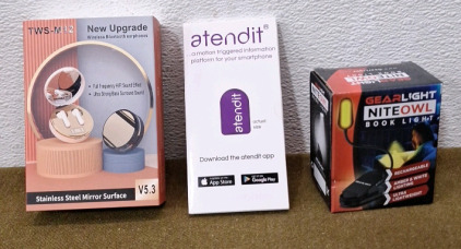 (1) Pair Of USB Rechargeable Wireless Bluetooth Headphones (1) Attendit, Personal Reminder Sensor, (1) Gear Light, Night Owl LED Book Light