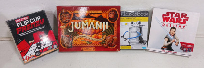 (4) Games and Activity Kits - (1) Flip Cup Frenzy (1) Jumanji Board Game (1) KidzRobotix Tin Can Robot (1) Star Wars Destiny