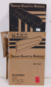 (3) Household Items - (1) Rolling Bar Cart (2) Splash Guard for Bathtub