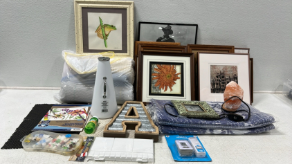 (10) Paintings, Bag of Styrofoam Cabinet Mats, a Megaphone and More