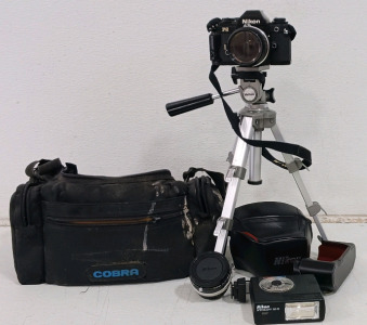 (4) Vintage Photography Accessories - (1) Nikon FG Camera (1) Vivitar Lens (1) Velbon Tripod (1) Nikon Speedlight SB-15