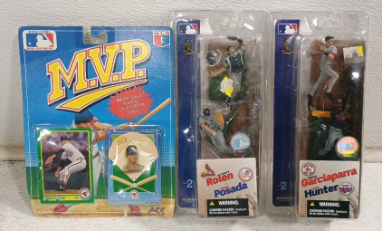 (3) MLB Collectible Figures - (1) Garciaparra & Hunter (1) Rolen & Posada (1) Gregg Olson MVP Pin & Card