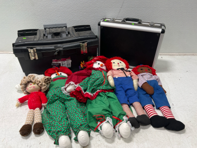(1) Husky Took Box (1) Black Metal Brief Case, And Assorted Vintage Stuffed Dolls
