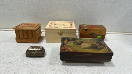 (5) Various Jewelery Boxes Including: Hidden Compartment Box, Georgia Small Metal Box, Painting Themed Box, and More