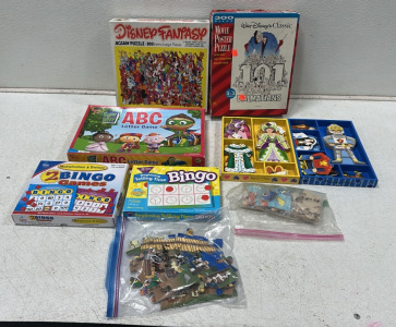 (9) Assortment of Kids Board Games, Puzzles, and Toys Including: 101 Dalmations Puzzle, ABC Letter Game, Magnetic Wardrobe Toys, and More, (1) Tonka 3-Wheel Scooter
