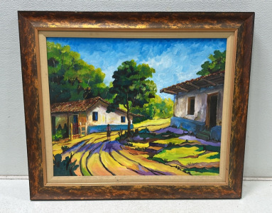 Signed Colorful Village Scenery Canvas Oil Painting - Copper/Brown Concave Frame (31.5&rdquo; x 37.5&rdquo;)