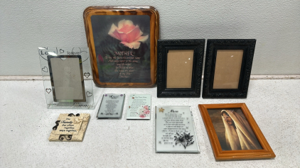 (3) Various Empty Picture Frames (6&rdquo; x 8&rdquo;), Framed Jesus Photo (6&rdquo; x 8&rdquo;), (5) Affirmation Home Decor