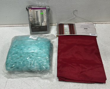 (1) New - Allen + Roth Rod Pocket Back Tab Panel Curtains - Grey (50&rdquo; x 84&rdquo;), New - Home Maison Bali Curtains - Red (38&rdquo; x 84&rdquo;), Ambesonne Dish Drying Mat - Turquoise