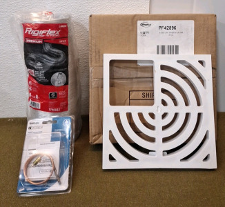(1) Lambro 1790033, Rigiflex Semi-Rigid Dryer Duct Vent, 4" X 8', (1) Utilitech 0362434, 24" Thremocouple & (1) ProFlo PF42896 PVC Drain Grate<br/>