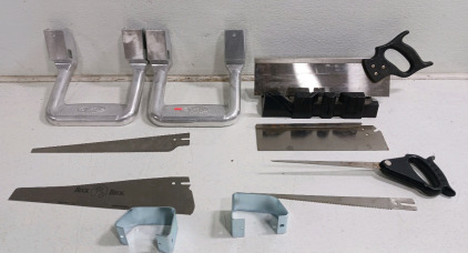 (10) Tools & Accessories - (4) Saw Blades (2) Saws w/ Miter Box (2) Bully Side Steps