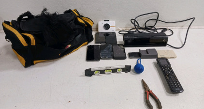 (16) Mixed Electronics & Tools - (1) Bag (5) Phones (1) Polaroid Snap (1) Xbox Kinect (8) Accessories