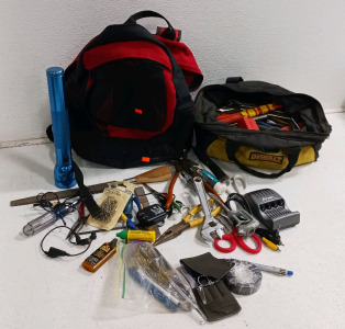 (40+) Assorted Tools & Hardware - (1) Red Backpack (1) DeWalt Bag (40+) Hand Tools & Accessories