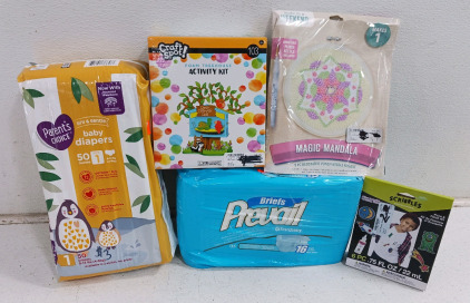 (5) Baby & Craft Supplies - (1) Diapers (1) Activity Kit (1) Punch Needle Kit (1) Adult Briefs (1) Fabric Paint Kit