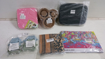 (7) Amazon Overstock Box - (1) Jewelry Travel Organizer (2) MumEZ Teething Toys (1) Leopard Print Table Runner (2) Silicone Ice Molds (1) Cross Stitch Canvas & So Much More!