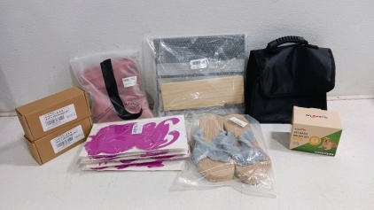(9) Amazon Overstock Box - (2) Leg Challenge Dice Sets (1) Pink Leggings (2) Earring Holder Trees (1) Foldable Travel Bag (1) Pet Bath Brush (1) Pair Sandals & So Much More!