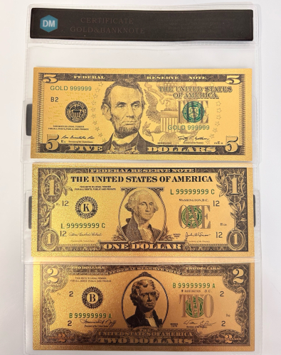 (3) Gold Bank Notes, 1973 Uncirculated 2 Dollar Bill, and 1957 Silver Certificate
