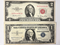 (3) Gold Bank Notes, 1973 Uncirculated 2 Dollar Bill, and 1957 Silver Certificate - 3