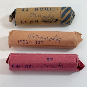 (2) Rolls Of Candian Pennies With Roll Of Canadian Nickels