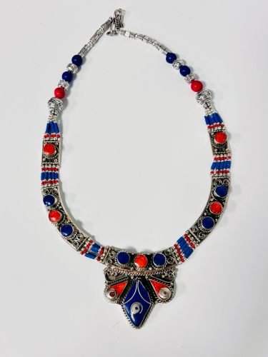 Beautiful Statement Blue Lapis Lazuli and Red Coral Necklace