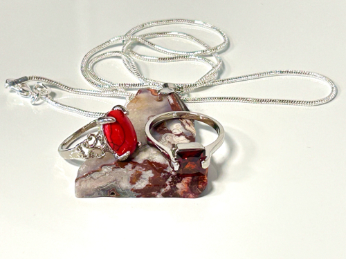 (2) Beautiful Rings and Necklace: Red Turquoise, Red Ruby and Crazy Lace Agate Freeform Pendant