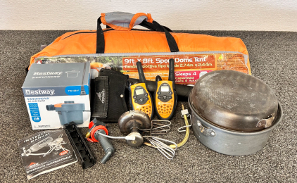Ozark Trail 9'x 8' Sport Dome Tent, Gerber Ax, Motorola Walkie Talkies, Electric Pump, Pans, and Camp Stove