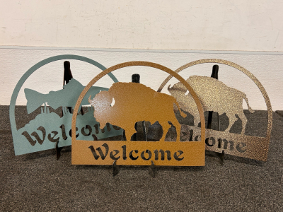 (3) Custom Metal Welcome Signs By Jacks Metal Works and (3) Stands