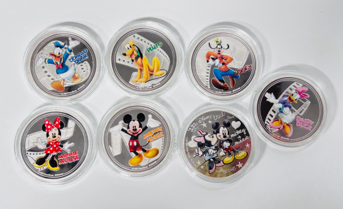 (7) Collectible Disney Silver Plated Coins "Mickey and Friends"
