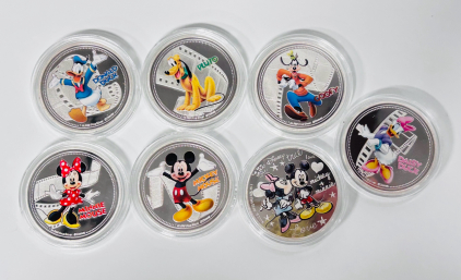 (7) Collectible Disney Silver Plated Coins "Mickey and Friends"