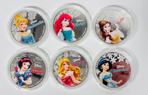 (6) Collectible Disney Silver Plated Coins "Princesses"
