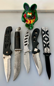 (4) Folding Knives, (1) Hunting Knife and (1) Ratfink Toy