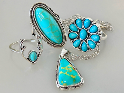 Turquoise Jewelry Including; Necklace and (3) Rings