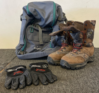 Unigear Backpack, Golden Retriever Outdoor Footwear Size 9 1/2 & Chevy Leather Gloves