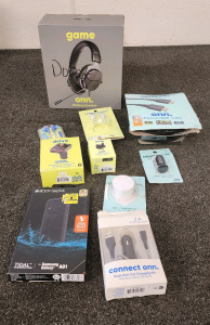 Nacon Rig Level Up Gaming Headset, Onn. Duel-Port USB-C/USB Wall Charger, (2) Onn. Gaming Headset, Onn. Wireless FM Transmitter And Car Charger, Onn. Headphones, Onn. USB-C Wall Charger, ONN. Wireless Mouse, ONN Micro USB Car Charger, And More!