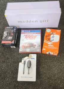 Anker Ultra Slim Bluetooth Keyboard, UtraPro Premium HDMI High Speed Cable With Ethernet, Anker PowerWave Pad Lite+ Wireless Charging Pad, Anker PowerDrive PD+ 2 Car Charger, PS4 Need For Speed Payback Game, Madden Girl Size 6 Shoes, Monster Bluetooth FM
