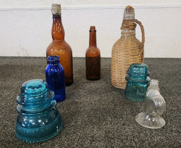 Vintage Hemmingray 42 And 16 Insulators, Vintage Amber Glass Liquor Bottle, Vintage Nursing Baby Glass Breast Milk Pump, And More
