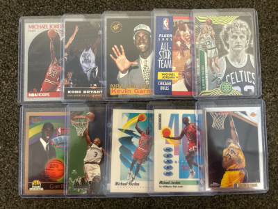 (10) Basketball Cards With Players Like Michael Jordan, Kobe Bryant & (10) Various Football Cards