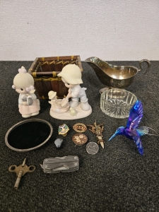 Silver Toned Dish, Silver Toned Lid, Hummingbird Decoration, Precious Moments Cermaic Figures and More