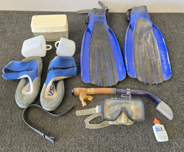 (1) Pair of Tusa X-Pert Goggles (1) Pair of Tusa Water Shoos Size 9 (1) Pair of Tusa Improx Flippers and More
