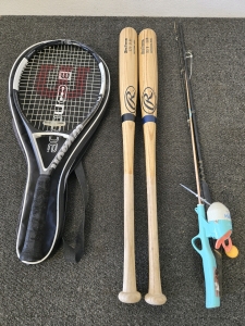 (2) Wooden 33" Baseball Bats, Tennis Racket w/Bag, (2) Fishing Rods