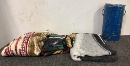Vintage Bucket & Assortment of Blankets