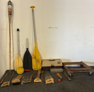 Assortment of Tools, UMCO Tacklebox, Oars, & More