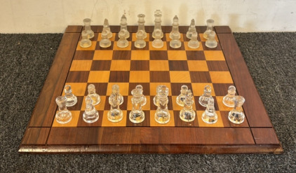 Vintage Wooden Chess Board, Glass Chess Pieces & Carrom Game Board