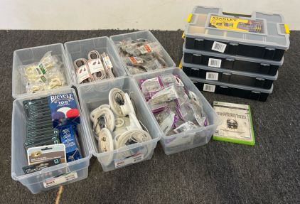(4) Stanley Sortmaster, AAA Batteries, Extention Cords, Screws & Corner Braces, Hooks, Cup Pulls
