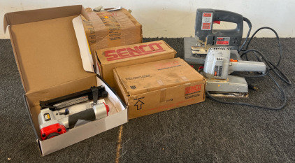 Vintage SKIL Deluxe Orbital Sander Model 592, Vintage SKIL 4235 Jigsaw, Central Pneumatic 18 Gauge 1/4&rdquo; Crown Stapler & Screws / Nails