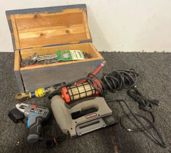 Nail Gun & Tub Of Nails & Other Tools